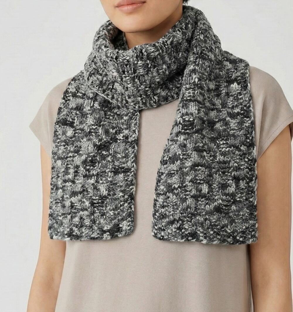 Handmade Knit Rectangle Scarf 8" x 52" Black Gray